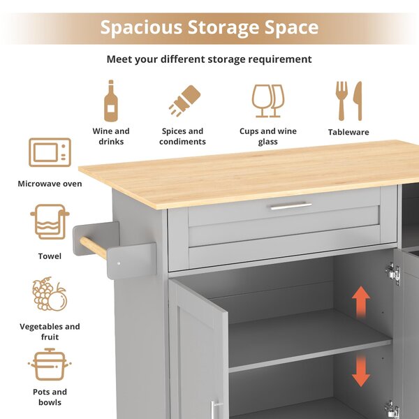 Versatile Kitchen Island with Foldable Worktop, Adjustable Shelves, Multifunctional Cabinet for Dining Areas, 132.5L x 44W x 90H cm, Gray Aosom UK