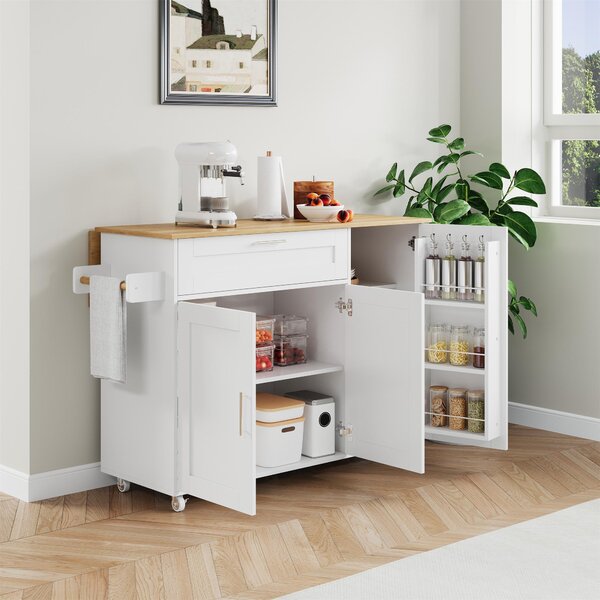 Mobile Kitchen Island with Foldable Oak-Look Worktop, Multi-purpose Trolley with Sliding Drawer, 132.5L x 44W x 90H cm, White+Natural Aosom UK
