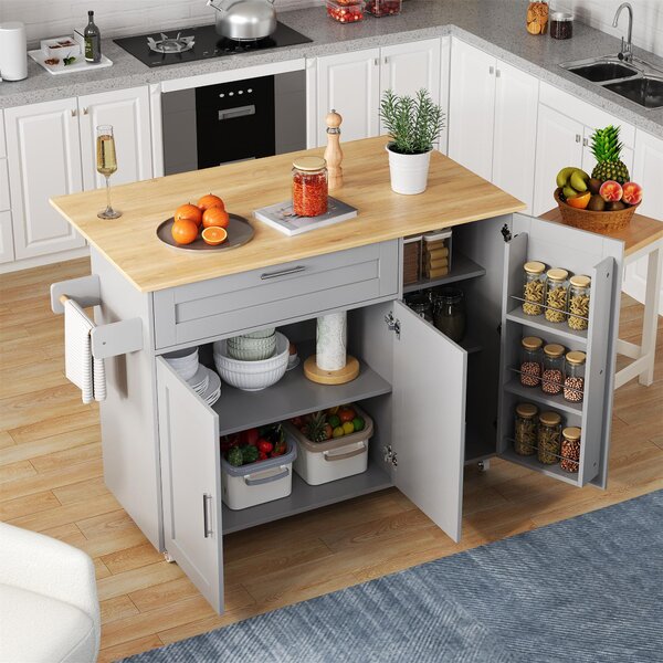 Versatile Kitchen Island with Foldable Worktop, Adjustable Shelves, Multifunctional Cabinet for Dining Areas, 132.5L x 44W x 90H cm, Gray Aosom UK