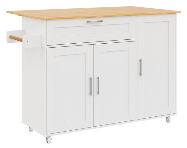 Mobile Kitchen Island with Foldable Oak-Look Worktop, Multi-purpose Trolley with Sliding Drawer, 132.5L x 44W x 90H cm, White+Natural Aosom UK
