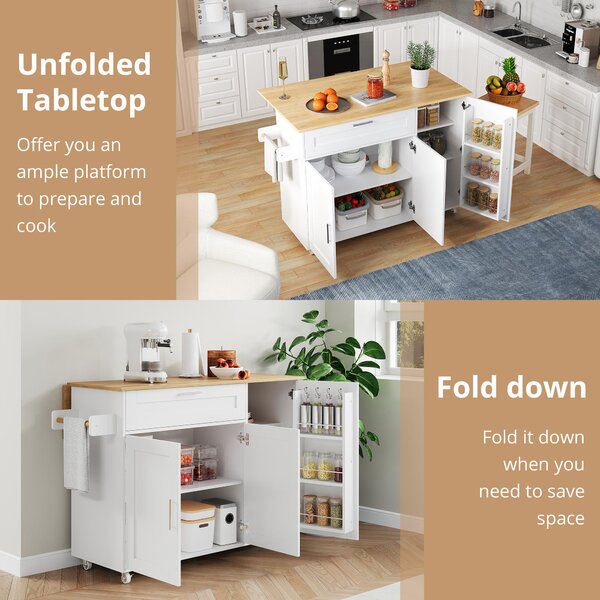 Mobile Kitchen Island with Foldable Oak-Look Worktop, Multi-purpose Trolley with Sliding Drawer, 132.5L x 44W x 90H cm, White+Natural Aosom UK