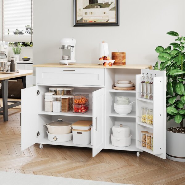 Mobile Kitchen Island with Foldable Oak-Look Worktop, Multi-purpose Trolley with Sliding Drawer, 132.5L x 44W x 90H cm, White+Natural Aosom UK
