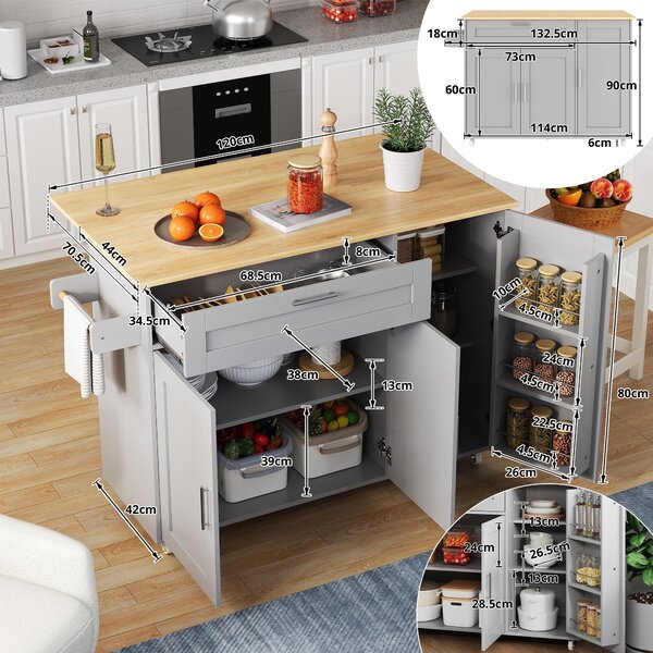 Versatile Kitchen Island with Foldable Worktop, Adjustable Shelves, Multifunctional Cabinet for Dining Areas, 132.5L x 44W x 90H cm, Gray Aosom UK