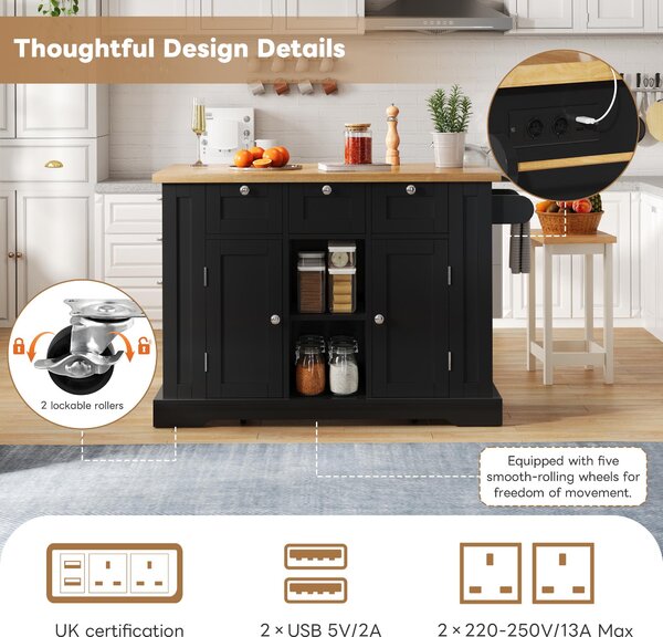 Versatile Kitchen Island with 3 Drawers and 2‑Door Cupboards, Practical Trolley with Extendable Worktop, 132L x 70W x 87H cm, Natural+Black Aosom UK