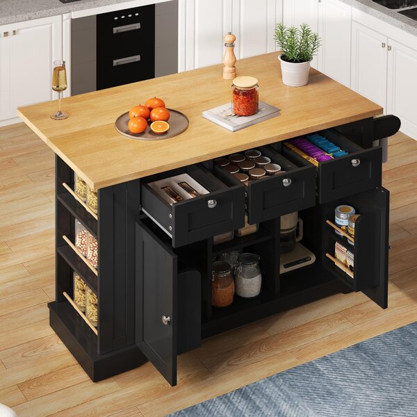 Versatile Kitchen Island with 3 Drawers and 2‑Door Cupboards, Practical Trolley with Extendable Worktop, 132L x 70W x 87H cm, Natural+Black Aosom UK