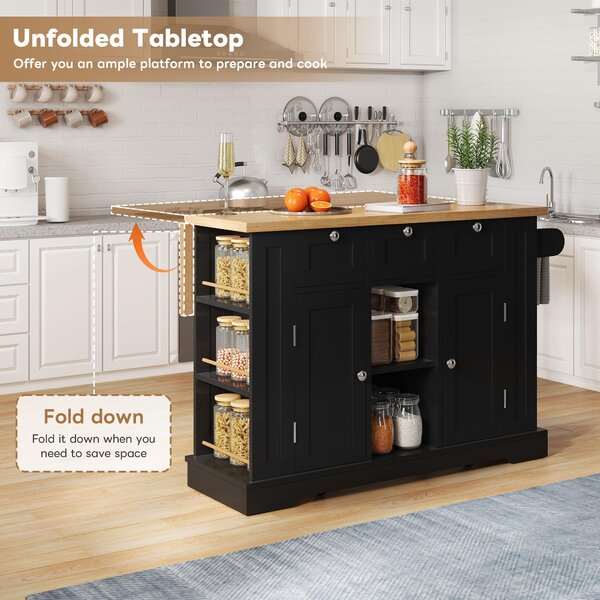 Versatile Kitchen Island with 3 Drawers and 2‑Door Cupboards, Practical Trolley with Extendable Worktop, 132L x 70W x 87H cm, Natural+Black Aosom UK