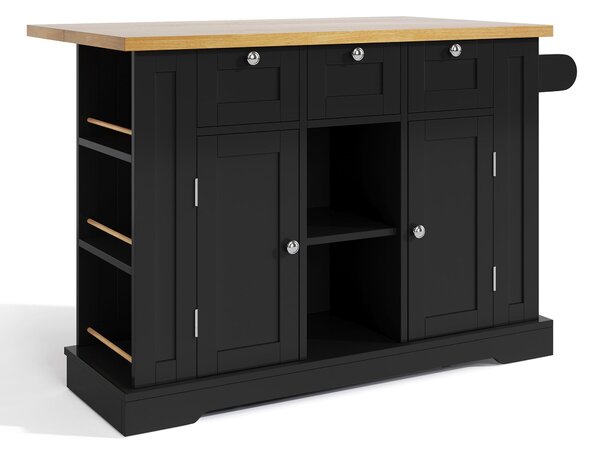 Versatile Kitchen Island with 3 Drawers and 2‑Door Cupboards, Practical Trolley with Extendable Worktop, 132L x 70W x 87H cm, Natural+Black Aosom UK