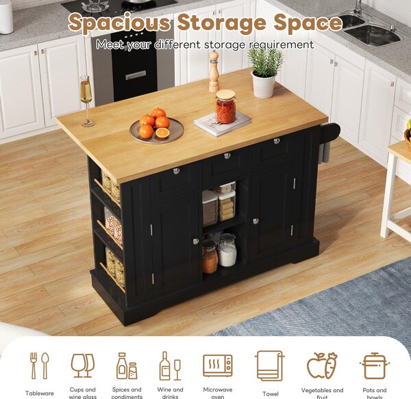 Versatile Kitchen Island with 3 Drawers and 2‑Door Cupboards, Practical Trolley with Extendable Worktop, 132L x 70W x 87H cm, Natural+Black Aosom UK