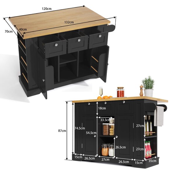 Versatile Kitchen Island with 3 Drawers and 2‑Door Cupboards, Practical Trolley with Extendable Worktop, 132L x 70W x 87H cm, Natural+Black Aosom UK