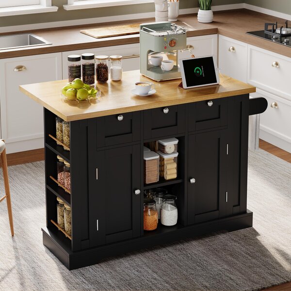 Versatile Kitchen Island with 3 Drawers and 2‑Door Cupboards, Practical Trolley with Extendable Worktop, 132L x 70W x 87H cm, Natural+Black Aosom UK