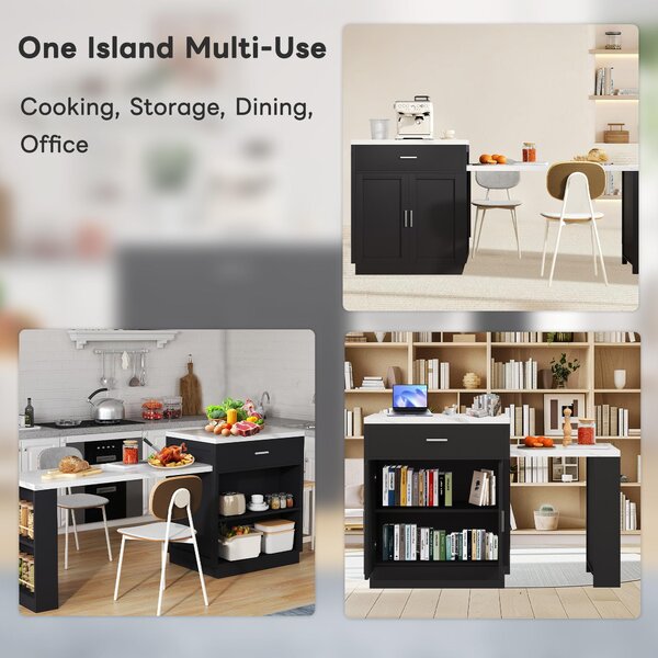 Versatile Kitchen Island with Extendable Dining Table and Adjustable Shelf, Space-Saving Table for 2-6 People, 211L x 55W x 89.5H cm, Black Aosom UK