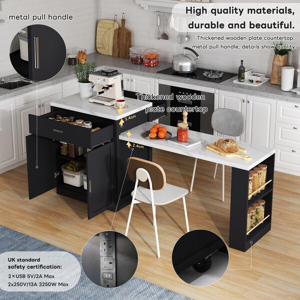 Versatile Kitchen Island with Extendable Dining Table and Adjustable Shelf, Space-Saving Table for 2-6 People, 211L x 55W x 89.5H cm, Black Aosom UK