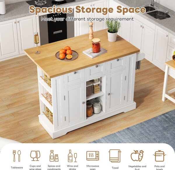 Versatile Kitchen Island with 3 Drawers and 2‑Door Cupboards, Practical Trolley with Extendable Worktop, 132L x 70W x 87H cm, White+Natural Aosom UK