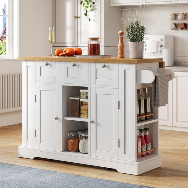 Versatile Kitchen Island with 3 Drawers and 2‑Door Cupboards, Practical Trolley with Extendable Worktop, 132L x 70W x 87H cm, White+Natural Aosom UK