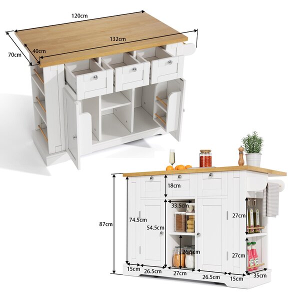 Versatile Kitchen Island with 3 Drawers and 2‑Door Cupboards, Practical Trolley with Extendable Worktop, 132L x 70W x 87H cm, White+Natural Aosom UK