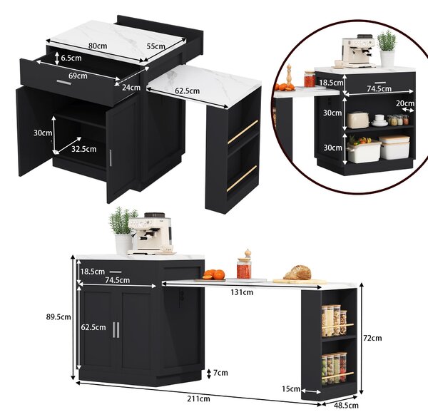 Versatile Kitchen Island with Extendable Dining Table and Adjustable Shelf, Space-Saving Table for 2-6 People, 211L x 55W x 89.5H cm, Black Aosom UK