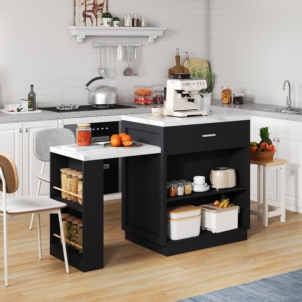 Versatile Kitchen Island with Extendable Dining Table and Adjustable Shelf, Space-Saving Table for 2-6 People, 211L x 55W x 89.5H cm, Black Aosom UK