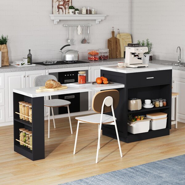 Versatile Kitchen Island with Extendable Dining Table and Adjustable Shelf, Space-Saving Table for 2-6 People, 211L x 55W x 89.5H cm, Black Aosom UK