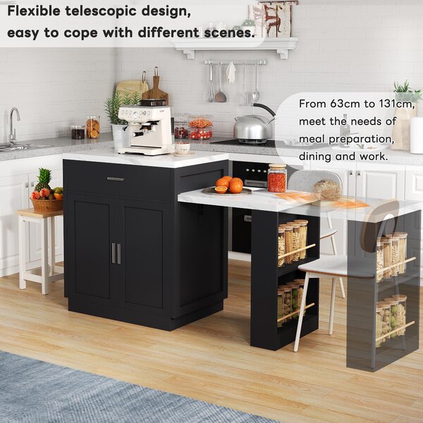Versatile Kitchen Island with Extendable Dining Table and Adjustable Shelf, Space-Saving Table for 2-6 People, 211L x 55W x 89.5H cm, Black Aosom UK