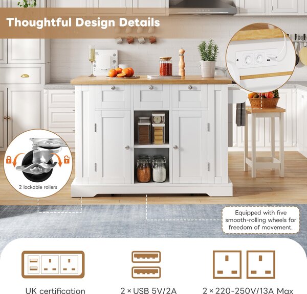 Versatile Kitchen Island with 3 Drawers and 2‑Door Cupboards, Practical Trolley with Extendable Worktop, 132L x 70W x 87H cm, White+Natural Aosom UK