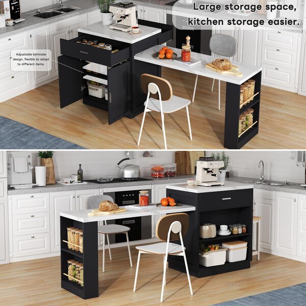 Versatile Kitchen Island with Extendable Dining Table and Adjustable Shelf, Space-Saving Table for 2-6 People, 211L x 55W x 89.5H cm, Black Aosom UK