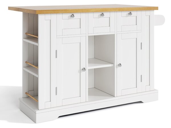 Versatile Kitchen Island with 3 Drawers and 2‑Door Cupboards, Practical Trolley with Extendable Worktop, 132L x 70W x 87H cm, White+Natural Aosom UK