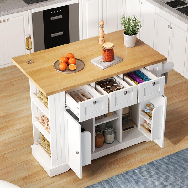 Versatile Kitchen Island with 3 Drawers and 2‑Door Cupboards, Practical Trolley with Extendable Worktop, 132L x 70W x 87H cm, White+Natural Aosom UK