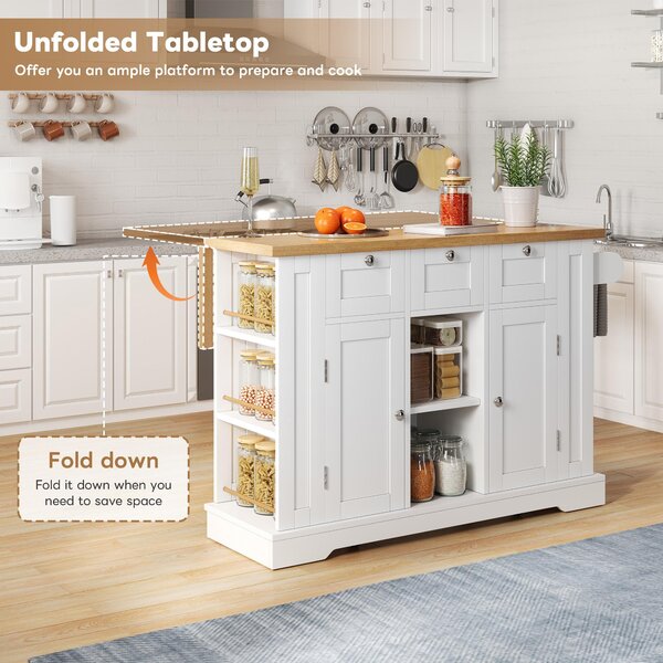 Versatile Kitchen Island with 3 Drawers and 2‑Door Cupboards, Practical Trolley with Extendable Worktop, 132L x 70W x 87H cm, White+Natural Aosom UK