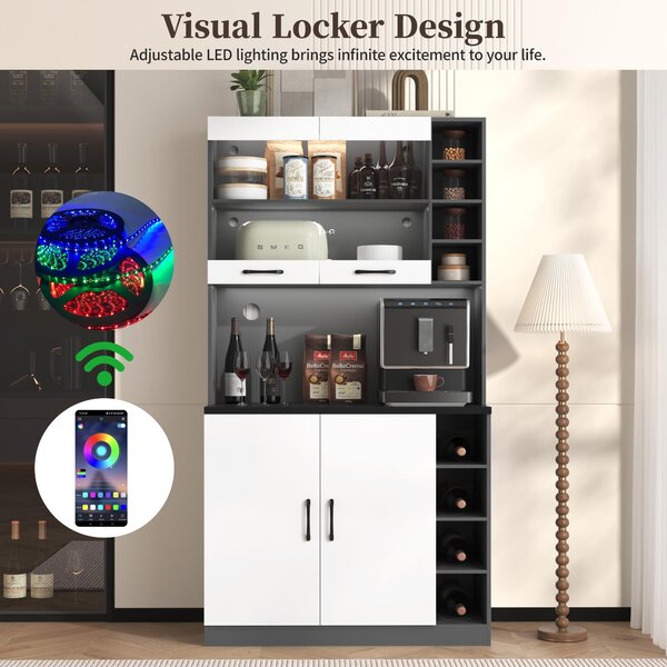 Tall Kitchen Cupboard with LED Lighting and Generous Storage, Freestanding Pantry with Microwave Shelf, 100L x 47W x 187H cm, White+gray Aosom UK