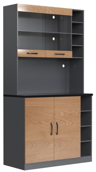 Tall Kitchen Cupboard with LED Lighting, Generous Storage, Freestanding Pantry with Microwave Shelf, 100L x 47W x 187H cm, Natural+Grey Aosom UK