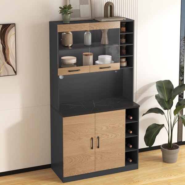 Tall Kitchen Cupboard with LED Lighting, Generous Storage, Freestanding Pantry with Microwave Shelf, 100L x 47W x 187H cm, Natural+Grey Aosom UK