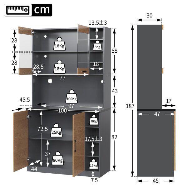 Tall Kitchen Cupboard with LED Lighting, Generous Storage, Freestanding Pantry with Microwave Shelf, 100L x 47W x 187H cm, Natural+Grey Aosom UK