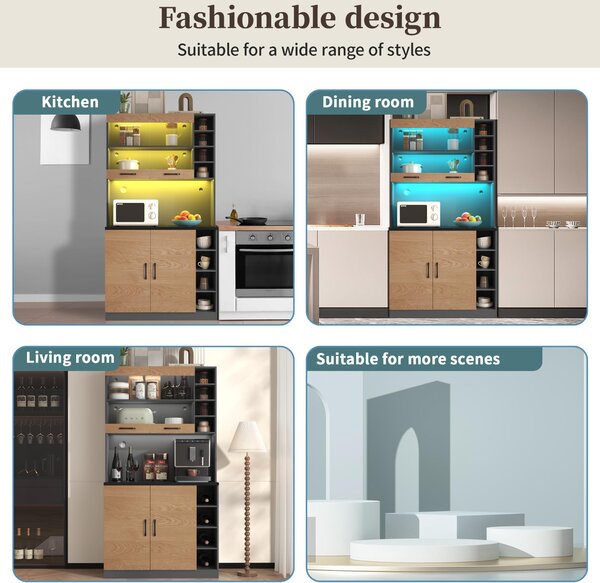 Tall Kitchen Cupboard with LED Lighting, Generous Storage, Freestanding Pantry with Microwave Shelf, 100L x 47W x 187H cm, Natural+Grey Aosom UK