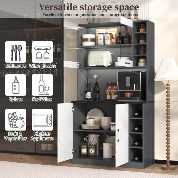 Tall Kitchen Cupboard with LED Lighting and Generous Storage, Freestanding Pantry with Microwave Shelf, 100L x 47W x 187H cm, White+gray Aosom UK