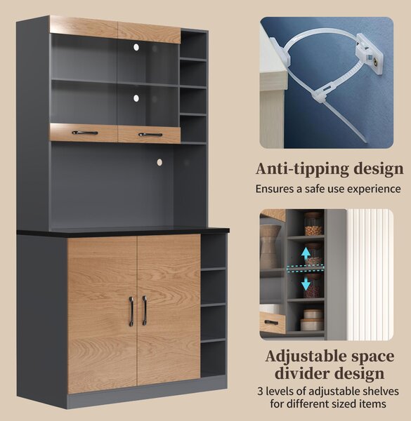 Tall Kitchen Cupboard with LED Lighting, Generous Storage, Freestanding Pantry with Microwave Shelf, 100L x 47W x 187H cm, Natural+Grey Aosom UK
