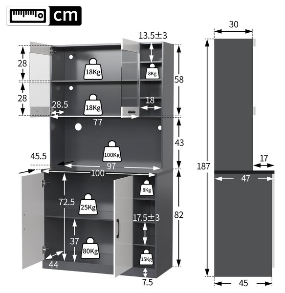 Tall Kitchen Cupboard with LED Lighting and Generous Storage, Freestanding Pantry with Microwave Shelf, 100L x 47W x 187H cm, White+gray Aosom UK