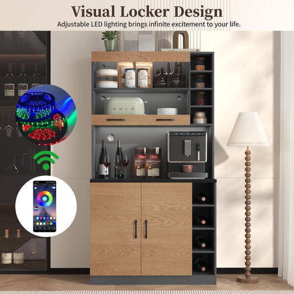 Tall Kitchen Cupboard with LED Lighting, Generous Storage, Freestanding Pantry with Microwave Shelf, 100L x 47W x 187H cm, Natural+Grey Aosom UK