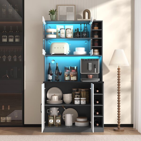 Tall Kitchen Cupboard with LED Lighting and Generous Storage, Freestanding Pantry with Microwave Shelf, 100L x 47W x 187H cm, White+gray Aosom UK
