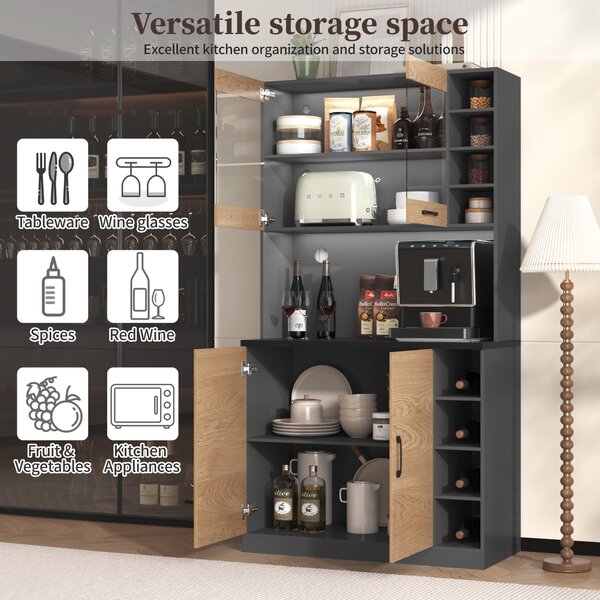Tall Kitchen Cupboard with LED Lighting, Generous Storage, Freestanding Pantry with Microwave Shelf, 100L x 47W x 187H cm, Natural+Grey Aosom UK