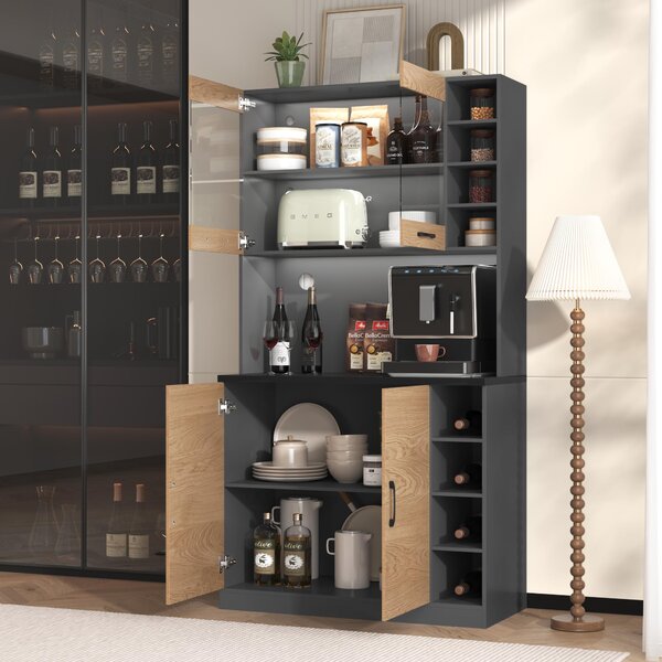 Tall Kitchen Cupboard with LED Lighting, Generous Storage, Freestanding Pantry with Microwave Shelf, 100L x 47W x 187H cm, Natural+Grey Aosom UK