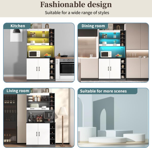Tall Kitchen Cupboard with LED Lighting and Generous Storage, Freestanding Pantry with Microwave Shelf, 100L x 47W x 187H cm, White+gray Aosom UK