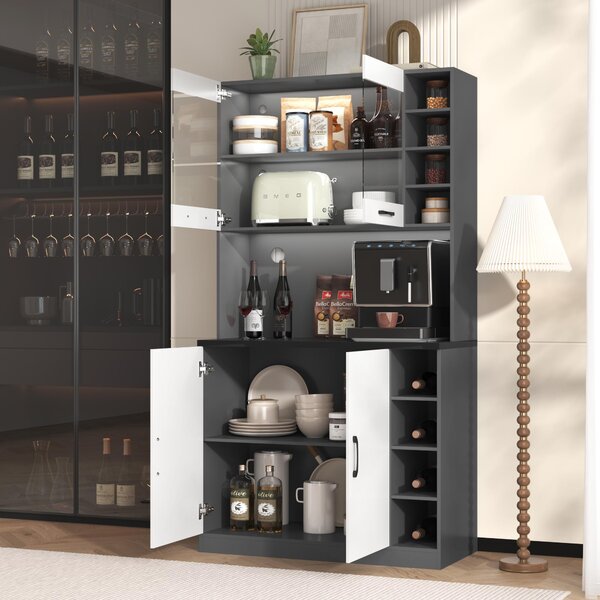 Tall Kitchen Cupboard with LED Lighting and Generous Storage, Freestanding Pantry with Microwave Shelf, 100L x 47W x 187H cm, White+gray Aosom UK