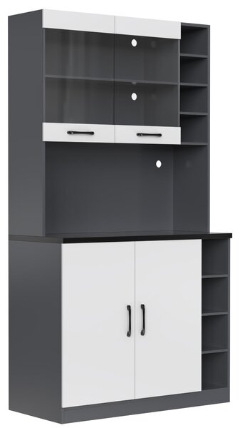 Tall Kitchen Cupboard with LED Lighting and Generous Storage, Freestanding Pantry with Microwave Shelf, 100L x 47W x 187H cm, White+gray Aosom UK
