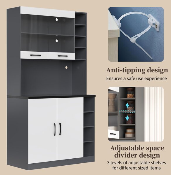 Tall Kitchen Cupboard with LED Lighting and Generous Storage, Freestanding Pantry with Microwave Shelf, 100L x 47W x 187H cm, White+gray Aosom UK
