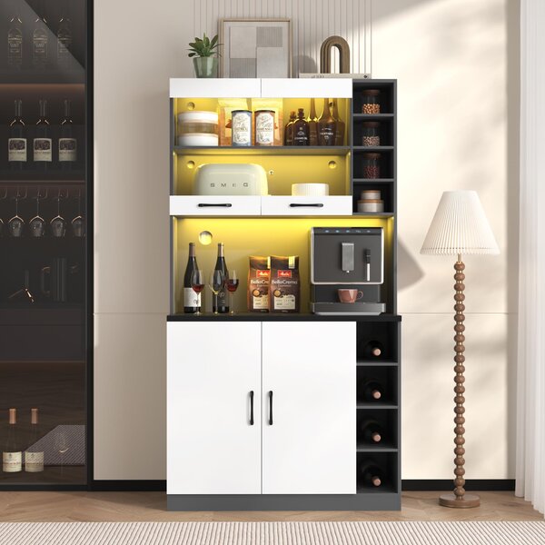 Tall Kitchen Cupboard with LED Lighting and Generous Storage, Freestanding Pantry with Microwave Shelf, 100L x 47W x 187H cm, White+gray Aosom UK