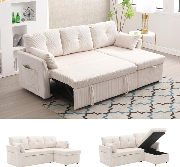 L-Shaped Convertible Sleeper Sofa with Pull Out Bed, 3-In-1 Convertible Sofa with High Storage Chaise, 206L x 130W x 88H cm, Beige Aosom UK