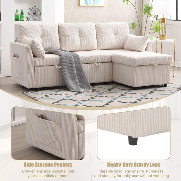 L-Shaped Convertible Sleeper Sofa with Pull Out Bed, 3-In-1 Convertible Sofa with High Storage Chaise, 206L x 130W x 88H cm, Beige Aosom UK