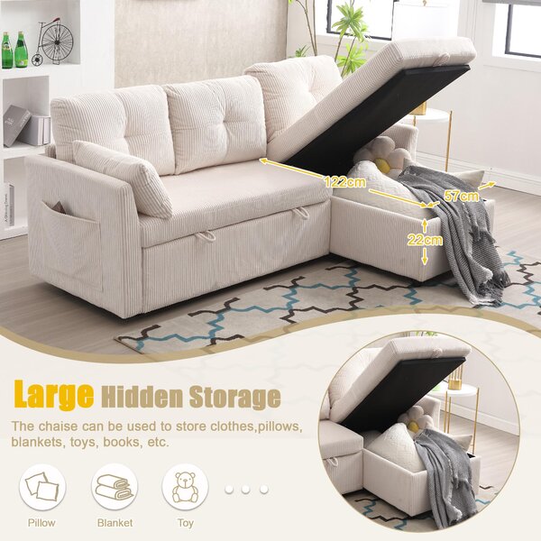 L-Shaped Convertible Sleeper Sofa with Pull Out Bed, 3-In-1 Convertible Sofa with High Storage Chaise, 206L x 130W x 88H cm, Beige Aosom UK