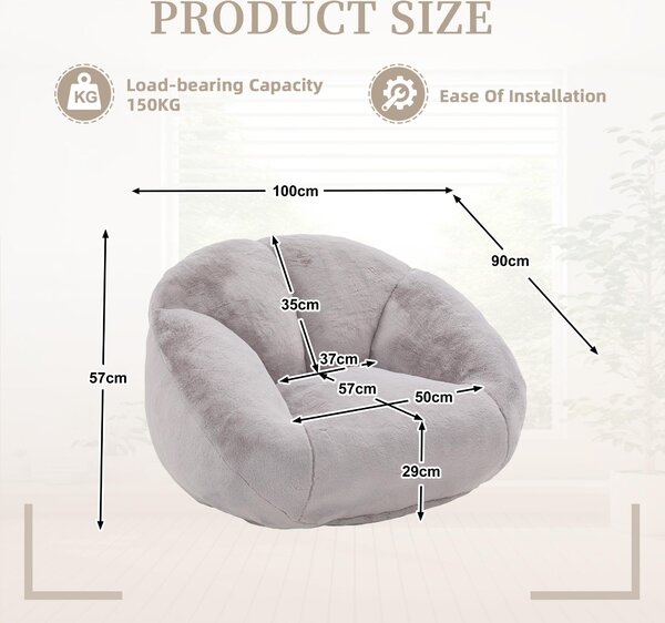 Shell-Shaped Sofa with High-Rebound Foam and Ergonomic Lumbar Support, Giant Sofa with Faux Fur, 100L x 90W x 57H cm, Light Gray Aosom UK