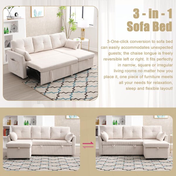 L-Shaped Convertible Sleeper Sofa with Pull Out Bed, 3-In-1 Convertible Sofa with High Storage Chaise, 206L x 130W x 88H cm, Beige Aosom UK
